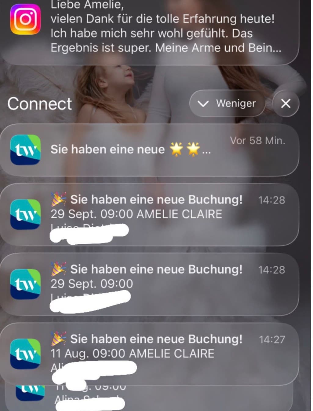 Handy-Benachrichtigungen bei Amelie Claire Privè: Neue Buchungen, eine neue Bewertung und eine Dankesnachricht einer Kundin auf Instagram